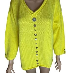 Pure Handknit Vibrant Yellow cotton Sweater with Button Accents L/XL
